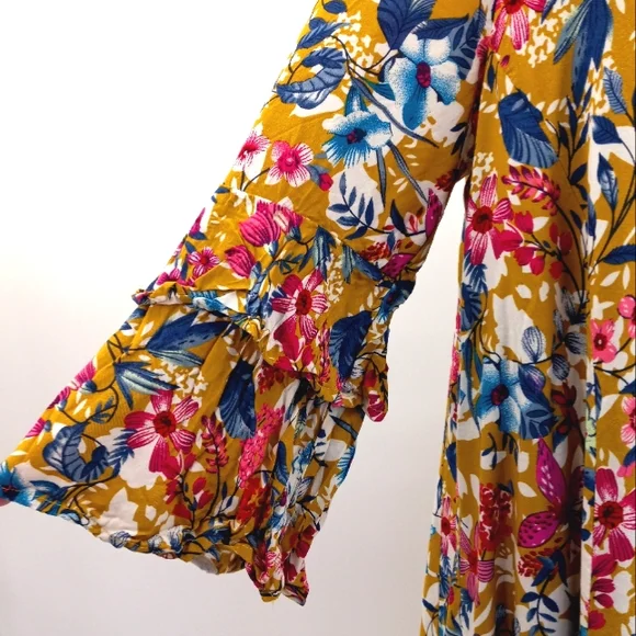 VICI ENTRO Tropical Vibe Cut Out Back Floral Print Tiered Sleeve Tunic Dress L - Picture 4 of 16